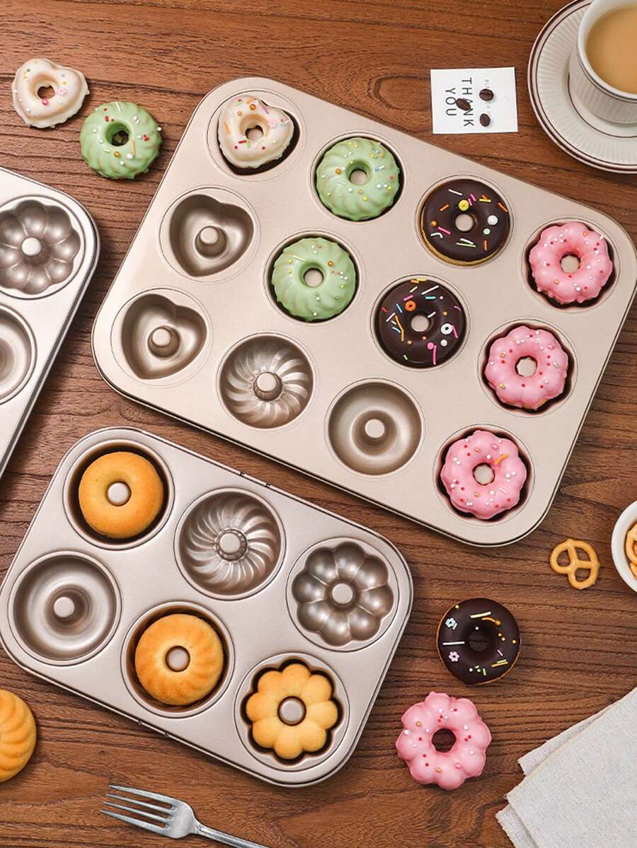 1pc Donut Baking Pan, 6/9/12 Cavities Non-Stick Donut Mold, Carbon Steel Ring/Flower Shaped Baking Tray, Suitable For Homemade DIY Donuts, Oven , Easy Release & Clean, Cake Mold, For Home Baking