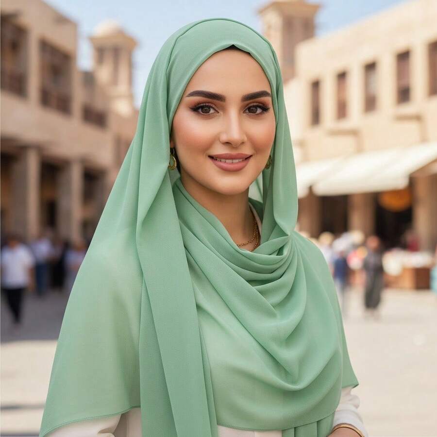 1pc Women's Solid Color Chiffon Scarf, Minimalist Elegant Hijab Scarf - Mint Green - View 1