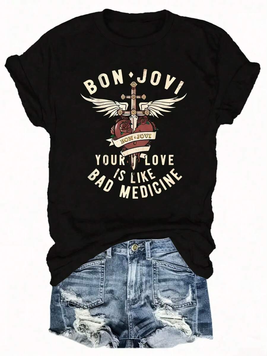 BON JOVI Band Printed Spring/Summer Casual Short-Sleeved Crew Neck T-Shirt, Relaxed Fit True To Color Casual Women's Wear Fashion Simple Oversized Friendly T-Shirt For Women - màu đen - Xem 1