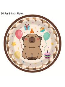 Juego desechable de vajilla con diseño de capibara de dibujos animados - 10 piezas, platos de 7/9 pulgadas, vasos de 9 onzas y servilletas - Multicolor - Ver 4