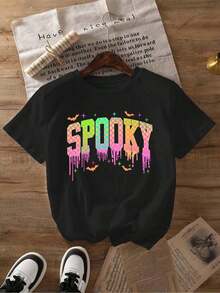 Camiseta de mujer con estampado de patrón de cuadros de Halloween, manga corta, cuello redondo, estilo casual, para primavera y verano. - Negro - Ver 2