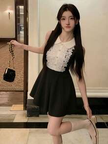 黑色蕾丝领无袖连衣裙，夏季小黑裙 - 黑色 - 查看 5