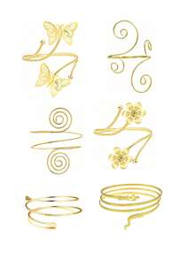 6pcs Set Minimalist Geometric Metal Bangle Bracelets, Exaggerated Butterfly & Flower Design Suitable For Beach, Street, Wedding - A0003T-6 - View 1