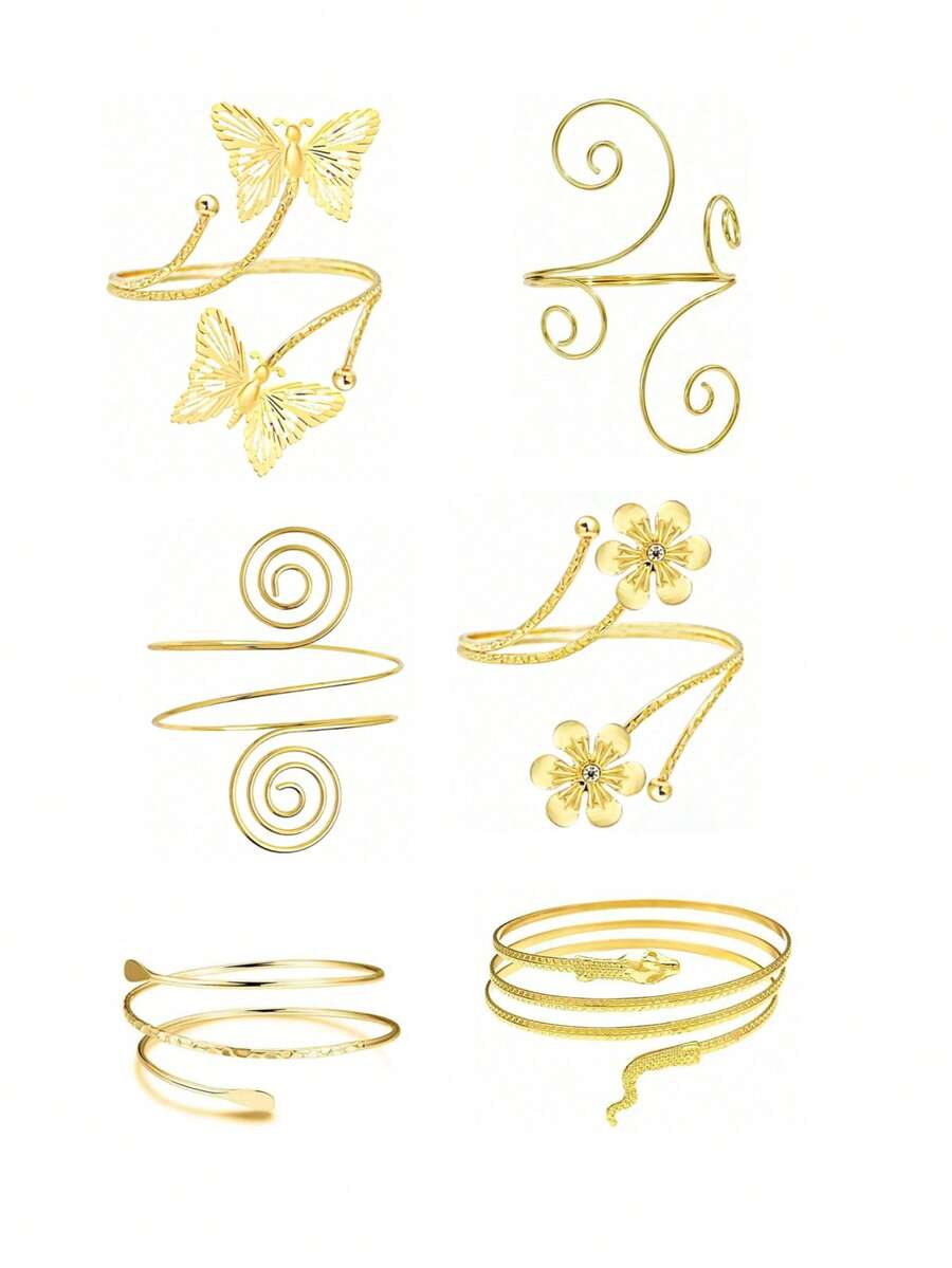 6pcs Set Minimalist Geometric Metal Bangle Bracelets, Exaggerated Butterfly & Flower Design Suitable For Beach, Street, Wedding - A0003T-6 - View 1