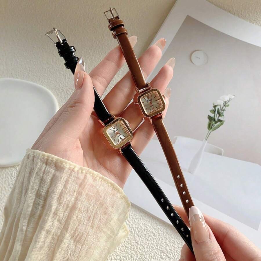 女士PU皮表带腕表，方形表盘，复古英伦风，小众奢华时尚石英表，适合假日、派对、婚礼、返校季等场合，是送给女性的最佳礼物。 - 彩色 - 查看 1