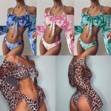 2026 European And American Tie-Dye Women's Two-Piece Swimsuit, Sexy Long-Sleeved Three-Piece Leopard Print Bikini - Hồng - Xem 2