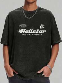Hellstars Godspeed God Is My Strength Retro Washed Print Round Neck Short Sleeve T-Shirt, 230g 100% Cotton T-Shirt, Summer Clothes, Men's Tops, Casual And Comfortable, Fashionable Graphic Tee, Unisex Style - 黑色 - 查看 1