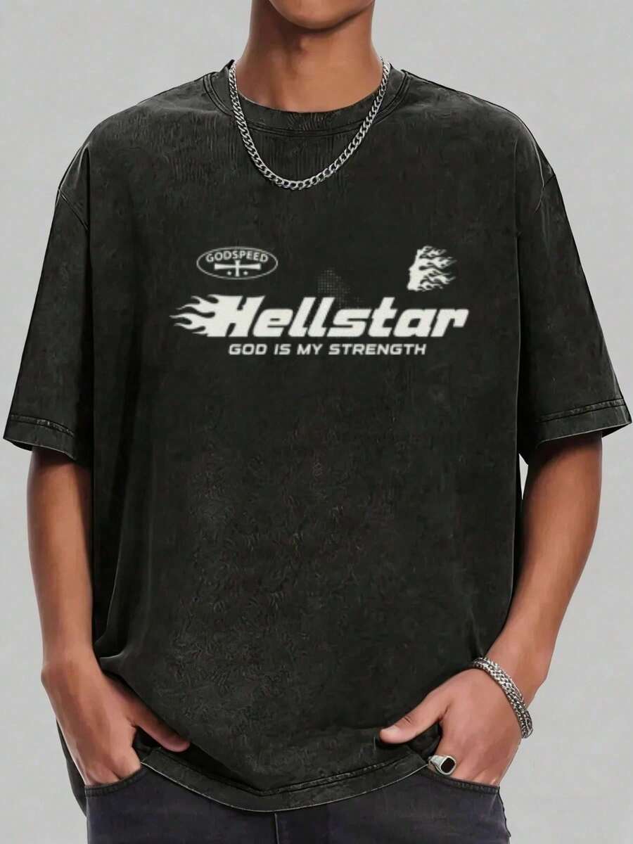 Hellstars Godspeed God Is My Strength Retro Washed Print Round Neck Short Sleeve T-Shirt, 230g 100% Cotton T-Shirt, Summer Clothes, Men's Tops, Casual And Comfortable, Fashionable Graphic Tee, Unisex Style - 黑色 - 查看 1