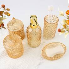 5-Piece Diamond-Cut Glass Bathroom Accessories Set, Rust-Proof Toothbrush Holder & Soap Dispenser, Tumbler & Cotton Jar, Modern Crystal Bathroom Decor - Back To School Gift For Dorm, Housewarming Gift - 金色 - 查看 7