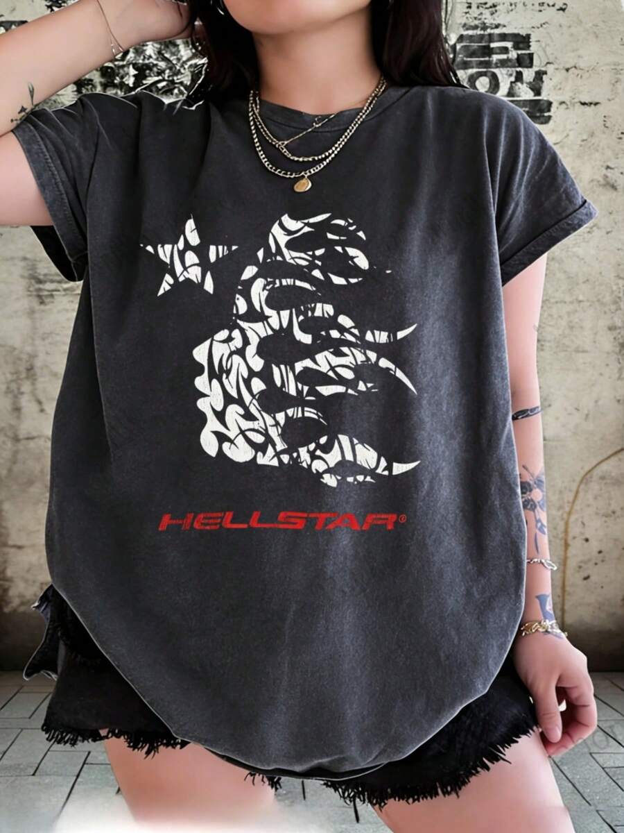 Hellstars  Flame Profile Retro Washed Print Round Neck Short Sleeve T-Shirt, 230g 100% Cotton T-Shirt, Summer Clothes, Women's Tops, Casual And Comfortable, Fashionable Graphic Tee, Unisex Style - Black - View 1