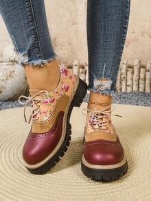 Zapatos Oxford de mujer con suela gruesa y estilo retro floral, zapatos tipo mocasín con cordones y tacón grueso de estilo británico, para uso casual y de negocios - Burdeos - Ver 3