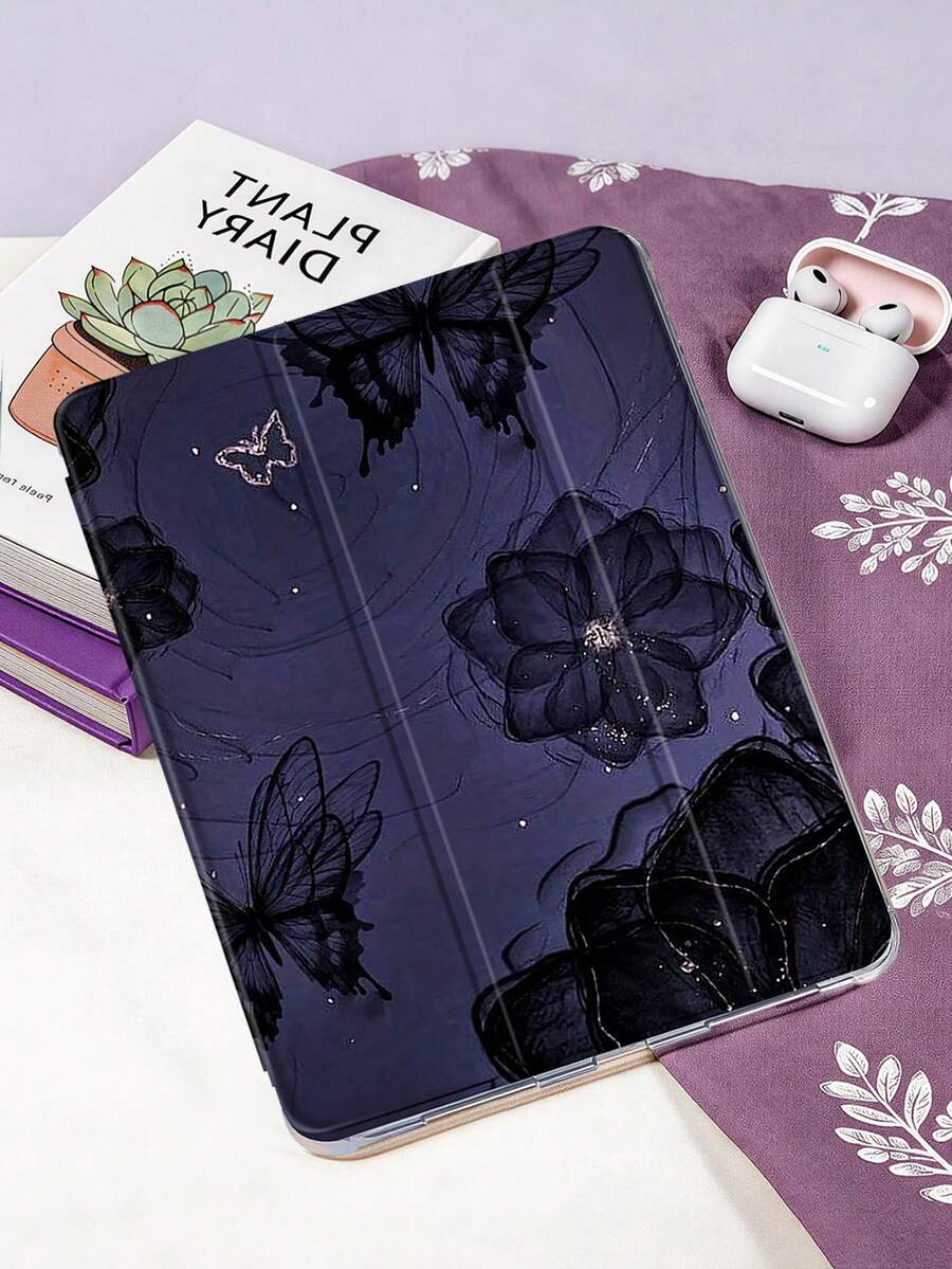 1pc Starry Night Purple Butterfly Painted Tablet Case, Compatible With IPad Mini4/Mini5/Mini6/Mini7/Air/Air2/9.7/10.2/10.5/Air4/Air5/10.9/Pro 11-Inch/10th Gen/ Air 11-In.(M2)-2024/ Pro11-In.(M4)-2024/Air 11-Inch (M3) 2025/ (A16) 11 Inch 11th Generation 2025, Galaxy Tab A8 10.5 Inch 2022. Includes Pencil Slot, Tri-Fold Stand, TPU Soft Edge Protection, Magnetic Sleep/Wake, Leisure/Fun/Healing/Personalized/Unique Tablet Folio Case - Multicolor - View 1