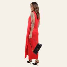 Women's Long Dress Set With Side Slit And Pockets - Red + Gray - View 5