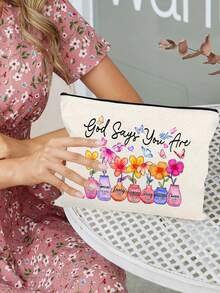 1pc Inspirational Christian Makeup Bag | "God Says You Are Unique" Religious Cosmetic Pouch With Floral Bible Verse Prints | Zippered Portable Multi-Functional Travel Organizer | Multi-Color |Suitable For Everyday Use, Travel, Beach, Vacations, Business Trips, Commuting, And Campus Life | The Perfect Gift For Women During Holidays/Easter/Mother's Day/Independence Day/Wedding Season/Graduation Season/Anniversaries/Birthdays - Multicolor - View 4