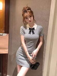 Abito mini estivo 2026 con colletto grigio - Elegante e dolce, abito casual a maniche corte con fiocco, aderente, adatto per San Valentino/Festa della Donna/Festa della Mamma/Raduni casual/Vacanze al mare/Feste/Ritorno a scuola/Stagione di matrimoni/Festival musicali primaverili - Grigio - Visualizzare 4