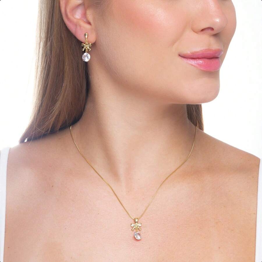 Women's Semi-Jewelry Set, 18k Gold Plated, Necklace, Earrings, Click Clasp, Bow Detail, Crystal Cubic Zirconia - Vàng - Xem 1