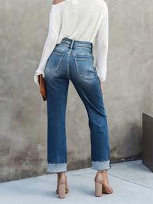 Quần jeans ống đứng cạp cao màu xanh đậm, đa năng, gấu quần xắn, chất lượng cao, co giãn, dáng ôm sát, thích hợp mặc thường ngày mùa xuân. - Rửa tối - Xem 5