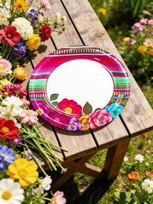 10pcs/20pcs/30pcs 10.2 X 11.2 Inch Mexican Holiday Oval Paper Plates Large Mexican Theme Party Decoration Cinco De Mayo Floral Stripe Supplies Day Of The Dead Mexican Paper Cup Taco Tableware Set - Multicolor - View 6