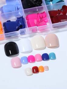 288 chiếc/hộp (12 kiểu hỗn hợp) Móng chân giả acrylic ngắn, vuông, nhọn, bóng, nhiều màu sắc, tự làm, kèm hộp đựng, thiết kế vừa vặn hoàn hảo cho phụ nữ và bé gái tự làm móng mùa hè, phù hợp cho sử dụng hàng ngày và dự tiệc. - Nhiều màu - Xem 3