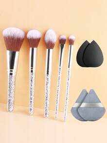 ronshadow 5Pcs Crystal Handle Makeup Brushes + 4Pcs Makeup Sponge & Velvet Puff Set, Premium Soft Synthetic Hair Cosmetic Tools For Foundation, Powder, Eyeshadow - Multicolor - View 2