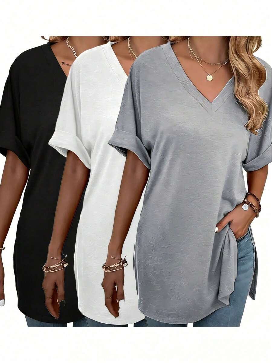 3pcs/Set 2026 Women's Fashion Spring/Summer New Arrival, Loose Side Slit Mid-Length T-Shirt, Solid V-Neck Short Sleeve Casual Top, Basic Tee, Suitable For Daily Commute, Dating, Versatile, Streetwear, Machine Washable