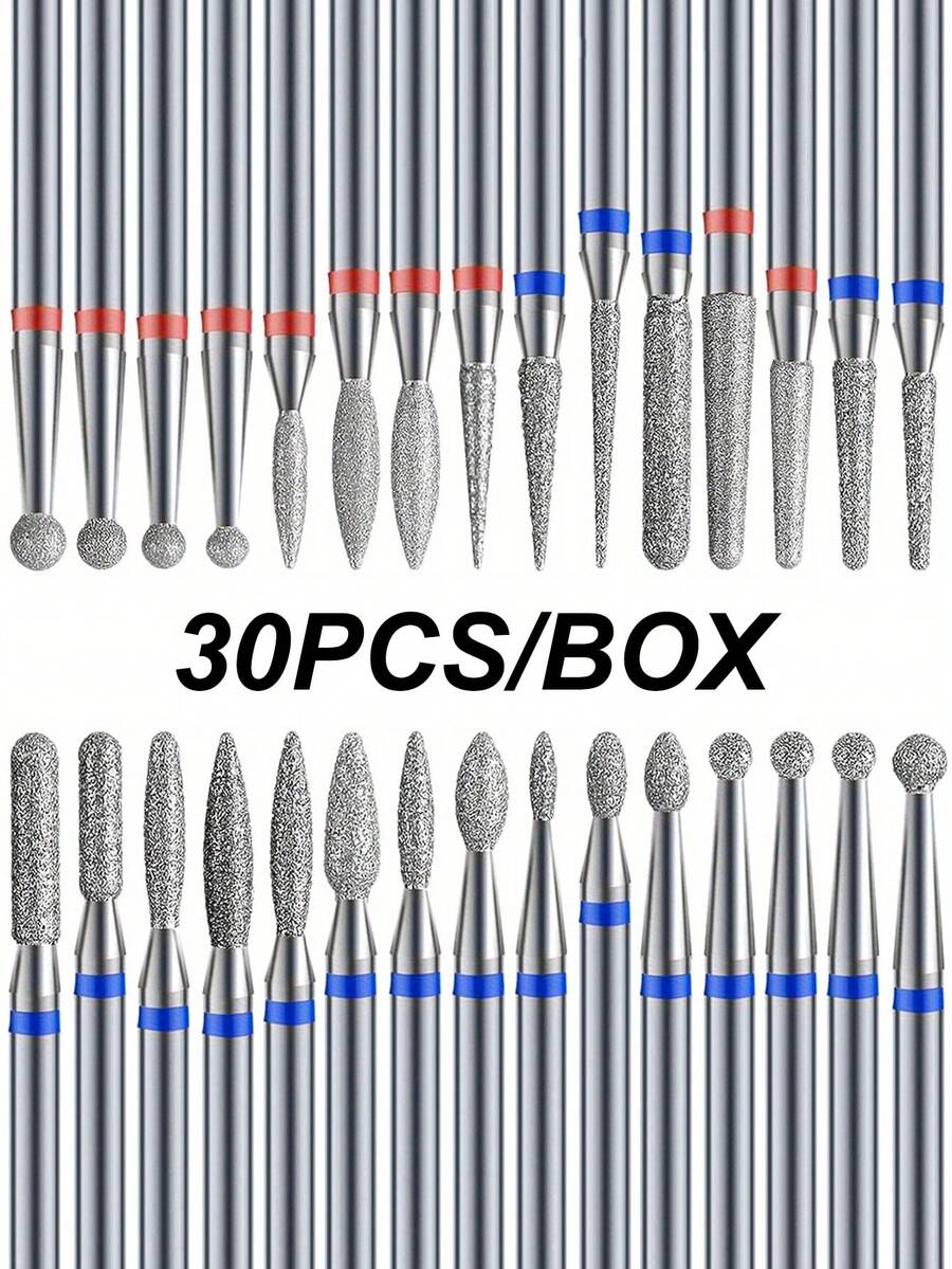 30PCS/BOX Diamond Nail Drill Bits Set Precision Cuticle Bits Highquality Bits Nail Tech Manicure Pedicure Remover Tools For Acrylic Gel Nails Salon Home - Silver - View 1