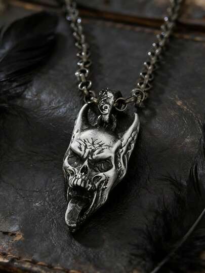 1件朋克嘻哈男士恶魔吊坠项链，骷髅设计，神秘符号，男士配饰，暗黑美学