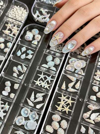 12Grids/Box Iridescent Aurora Ocean Nail Charms 3D Conch Starfish Shell & Pearl Design Nail Art Decoration Summer Fresh Style Nail Decor Accessories, For Nail Salons & Beach Manicure DIY