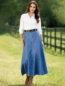 Chân váy ngắn denim co giãn dành cho nữ, màu xanh đậm đã giặt, kiểu dáng thường ngày cho kỳ nghỉ hè. - Rửa trung bình - Xem 2