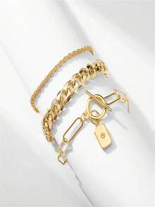 3pcs Chunky Chain Personalized Bracelet-Creative Multi-Layered Gold-Color Chain Bracelet Set - c - Xem 4