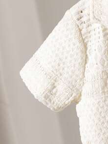 幼儿男童可爱棕熊短袖开衫透气针织套装，白色镂空 - 杏色 - 查看 6