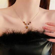 1pc Brown Round Tiger Eye Stone Pendant Necklace, Vintage Versatile Stainless Steel Choker Necklace, Elegant Accessory For Women - Multicolor - View 3