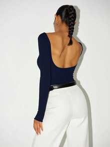 Sexy & Fashionable Backless Round Neck Long Sleeve Bodysuit, Versatile & Fitted, New Arrival Spring/Autumn Elegant Summer - Navy Blue - View 2