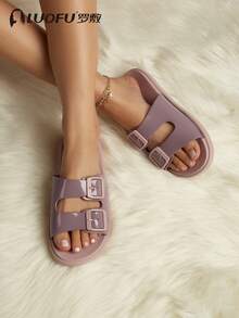 Summer New LUOFU Fashion Women Flat Slippers, Outdoor Beach Slippers, Fashionable Double Buckle Slippers, Indoor Non-Slip Sandals - Pink - View 2