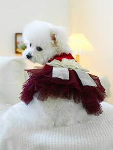 PETCIRCLE 1pc Pet Dress, Dog Spring/Summer New Arrival Tulle Skirt, Breathable Comfortable Small Dog Wedding Dress - Red - View 4