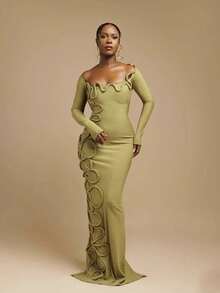 Green Birthday Dresses For Women Pluasize Spring And Summer Pleated Square Neck Long Sleeved Slim Fit Long Dress Long Sleeved Bodycon Dress Vacation Outfits Festival Outfit Coachella Fashion Mother Daughter Matching Outfits Vacation Outfits - màu xanh ô liu - Xem 1