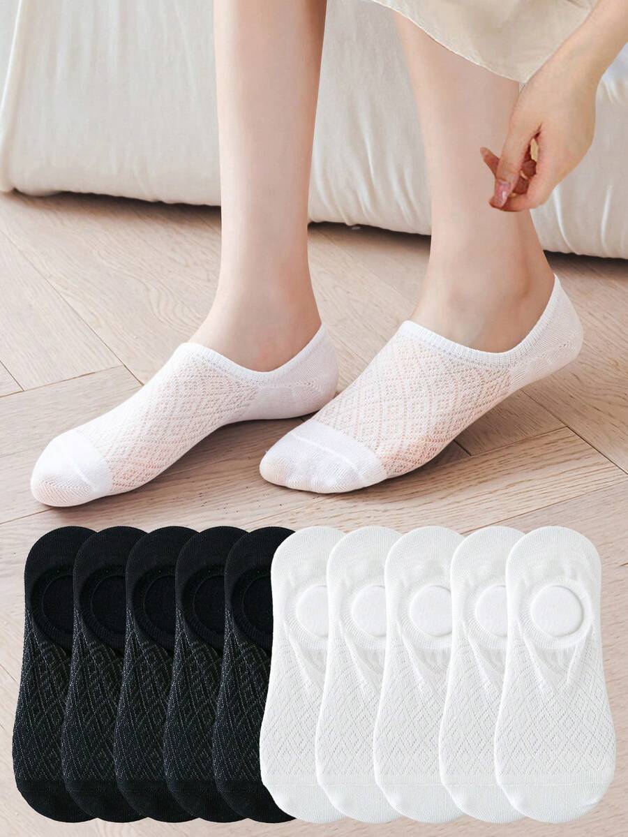 5 pares de calcetines invisibles de silicona antideslizantes para mujeres, calcetines invisibles de malla de verano de unicolor, de corte bajo, delgados, transpirables y suaves (sin cartón) - Multicolor - Ver 1