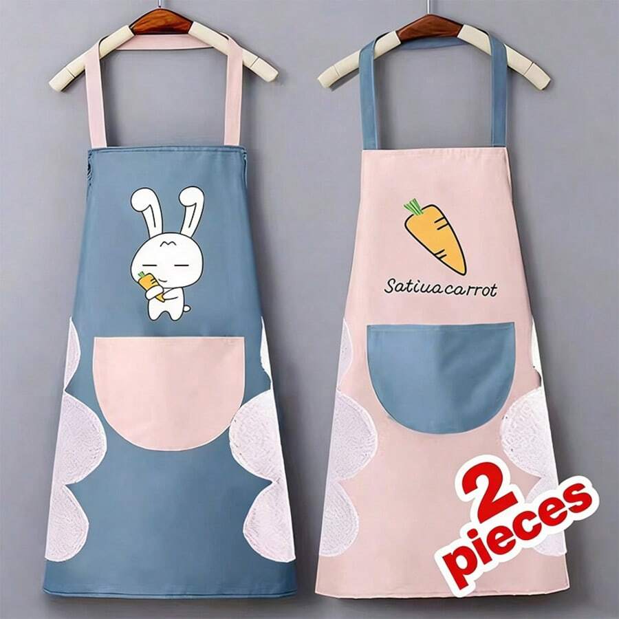 2pcs Adjustable Waterproof And Oil-Proof Work Apron, Cartoon Rabbit And Carrot Pattern Apron With Pockets, Suitable For Cooking, Unisex Chef Apron, Suitable For Kitchen Cooking, Simple And Elegant Household Cleaning Apron. - Multicolor - View 1