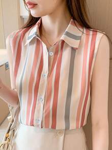 女士无袖条纹衬衫，翻领，涤纶面料，纽扣前襟，常规版型，夏季上衣 - 珊瑚橙 - 查看 11