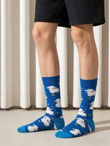 1 Pair Men's Blue Cartoon Sheep Pattern Mid-Calf Socks, & Casual For All Seasons - Multicolor - View 5
