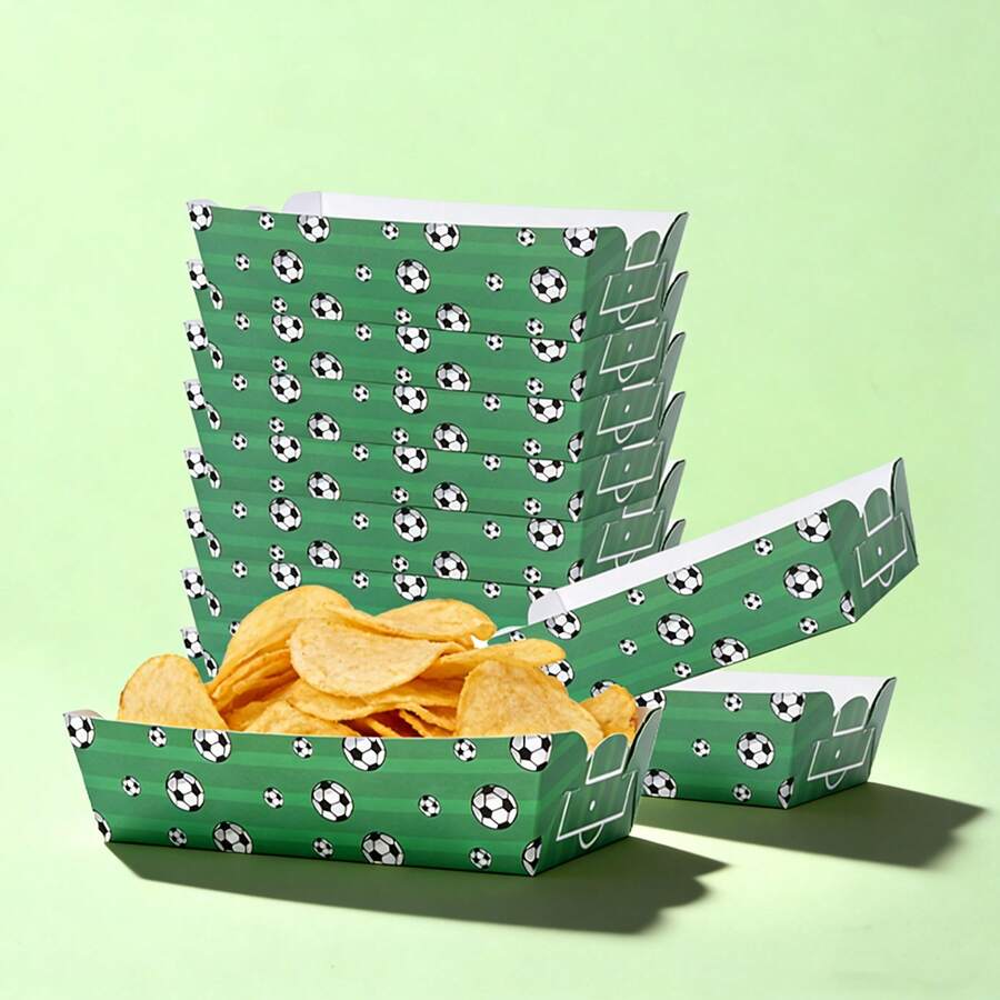 10pcs/20pcs/50pcs,Soccer Field & Football Pattern Paper Snack Trays - Green Football Disposable Potato Chip Boxes,Paper Containers For Stadium Parties,Game Nights & Sports Events,Soccer Party Favors, Snack Trays With Boat-Shaped Box For French Fries - Green - View 1