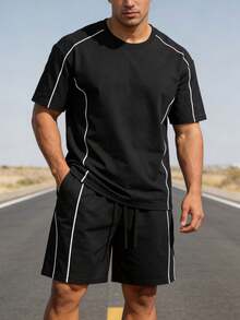 2件組男士夏季薄款快乾套頭上衣與短褲休閒套裝，適合戶外騎行、健身、跑步運動，黑色 - 黑色 - 查看 14