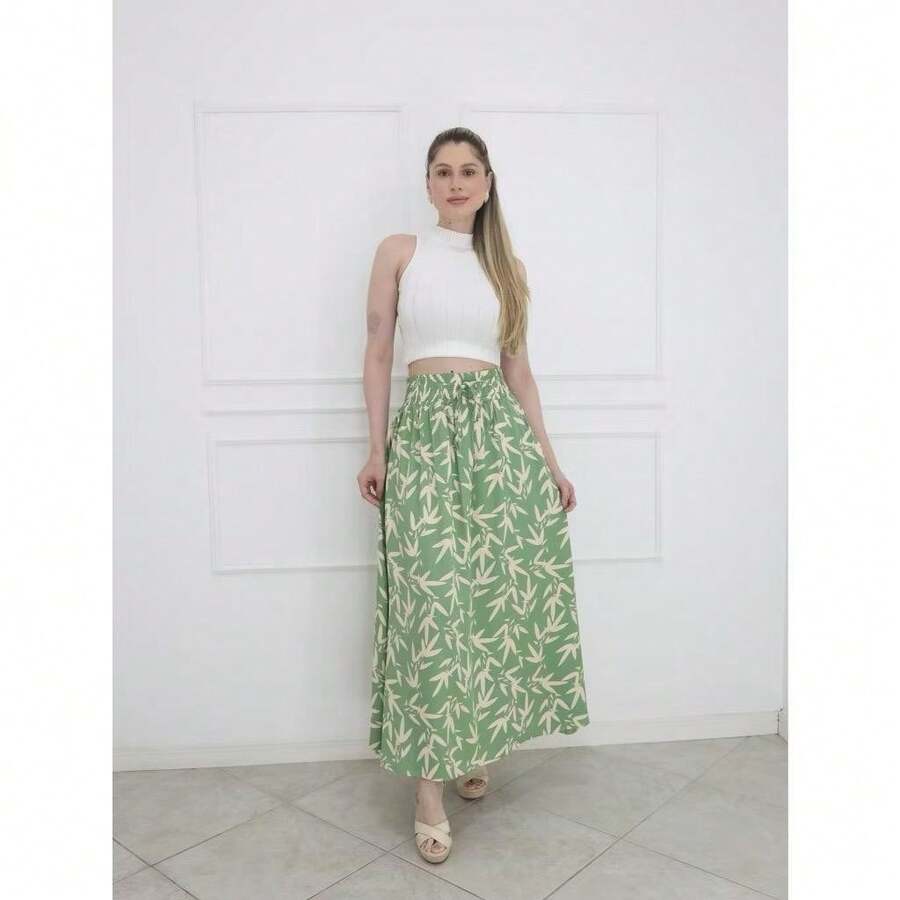 Long, Printed Viscose Skirt, Lined, High Waist With Pockets And Side Slits. - 薄荷綠 - 查看 1