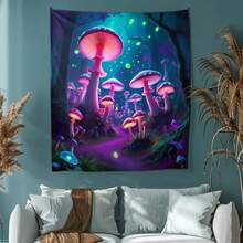 Bioluminescent Mushroom Forest Tapestry:  Neon Art - Multicolor - View 4