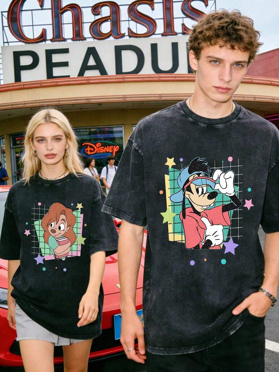 Disney Officially Licensed Graphic T Shirts 100 Percent Cotton  Shirt, Max Goof & Roxanne Line Art Couple T-Shirt, Unisex, Washed 230g, Retro Vintage, Crew Neck Short Sleeve, Casual Daily Wear - 黑色 - 查看 1