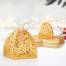 10/20pcs Four-Leaf Rose Candy/Chocolate Gift Box, Laser Cut Wedding Favor Box With Ribbon, Gold Color Suitable For Bridal Shower, Birthday Party, Christmas, Halloween - Gold - View 2