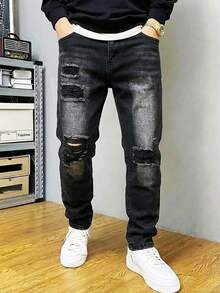 直筒破洞男童和青少年休闲牛仔裤，四季时尚街头风格 - 黑色 - 查看 1