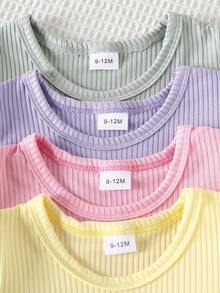 4件套女婴夏季纯色罗纹草莓、雏菊、西瓜刺绣甜美圆领短袖T恤套装 - 彩色 - 查看 3