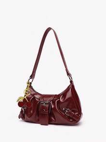 Y2K 女士复古 Miradet 做旧软皮摩托车包，铆钉、搭扣装饰，褶皱云朵肩包/腋下包，樱桃吊饰，适合工作、通勤、约会、派对等场合。 - 酒紅色 - 查看 7