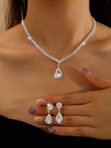 欧美时尚几何图案休闲铜质两件套首饰，适合新娘、伴娘、派对、摄影等场合，全年皆宜。 - 銀色 - 查看 2